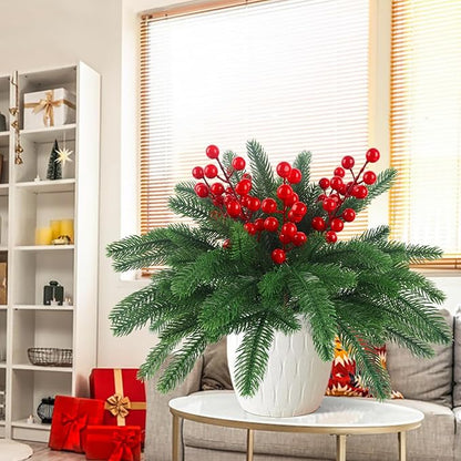 HOHOTIME 6 Pcs Christmas Pine Picks, Artificial Norfolk Pine Branches with Berry Stems, 17 inch Christmas Greenery Fake Foliage Pines Needles Picks for DIY Craft Xmas Decor Home Indoor Decoration