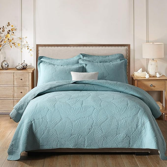 mixinni King Size Blue Plam Leaves Quilt Set Soft Cotton Bedspread Coverlet Set-King Size