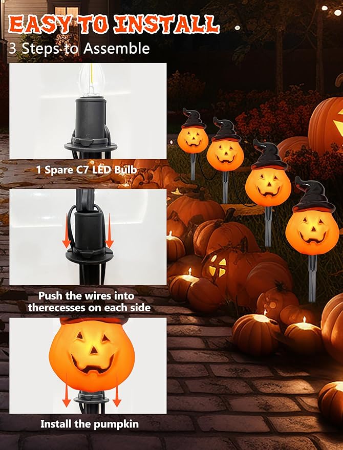 Halloween Pumpkin Pathway Lights Outdoor, 4PCS Jack O Lantern Pumpkin Light with Stake,Outdoor LED Walkway Lights Lights for Halloween Driveway Garden Yard Lawn Lights Decor