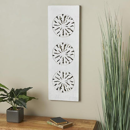 Deco 79 Wood Floral Handmade Home Wall Decor Distressed Intricately Carved Wall Sculpture with Gold Detailing, Wall Art 12" x 1" x 36", Cream