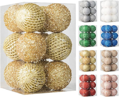 3.15" Christmas Ball Ornaments Glitter Shatterproof Christmas Tree Ornaments Sequin Xmas Hanging Balls Decorations for Wedding Party Holiday(Gold, 12pc-8cm)