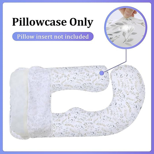 Floral Soft Pregnancy Pillow Cover (ONLY Pillowcase), U Shaped Luxurious Velvet Maternity Pillow Cover with Hidden Zip, Warm Large Pillow Protector for Side Sleeper, White, 58x32 in