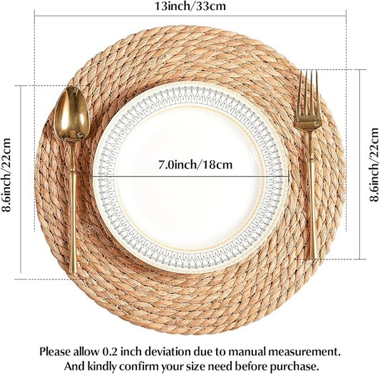Round Woven Placemats 13 inch Set of 6 - Boho Rattan Placemats Natural Water Hyacinth Placemat, Farmhouse Weave Place Mats, Rustic Braided Wicker Table Mats for Dining Table,Home,Wedding
