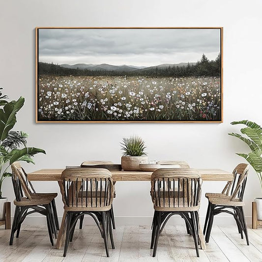 HGUAOA Vintage Landscape Wall Art for Bedroom and Living Room - Large Floral Artworks Farmhouse Wall Decor - Framed Neutral Nature Pictures - Above Bed Wall Decor with Mountain Scenery 24×48IN