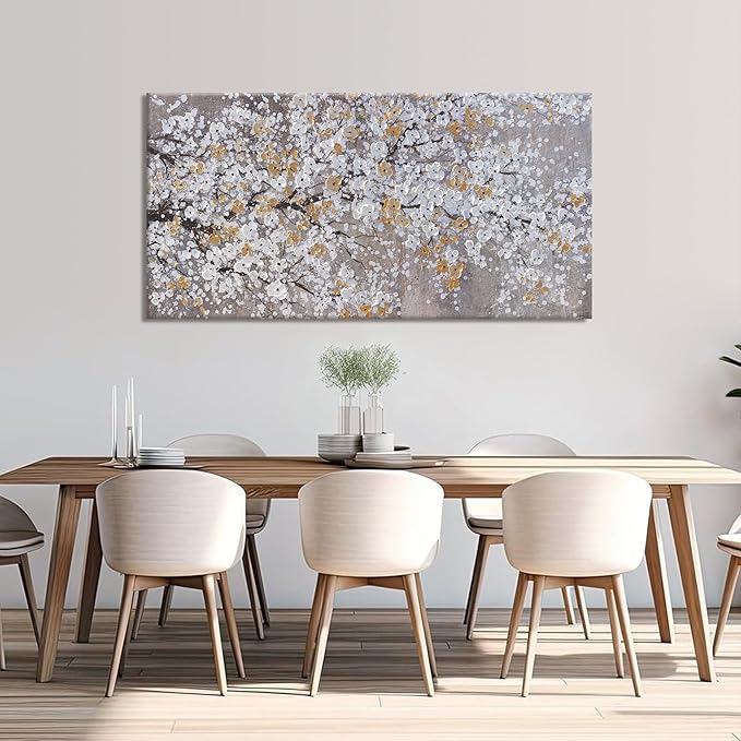 Botanical Wall Art Wall Decor Gold WhiteTree Flower Modern Canvas Art Print Abstract Artwork Pictures For Living Room Bedroom Bathroom Office Home Decor Can Be Hung Directly 24"X 48"