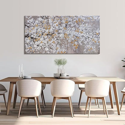 Botanical Wall Art Wall Decor Gold WhiteTree Flower Modern Canvas Art Print Abstract Artwork Pictures For Living Room Bedroom Bathroom Office Home Decor Can Be Hung Directly 24"X 48"