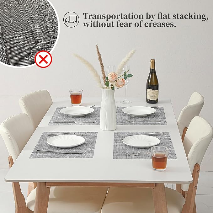 Leetaltree Linen Grey Placemats Set of 6 - Heat Resistant Non-Slip Place mats for Dining Table, Washable Durable PVC Vinyl Woven Table Mats（Linen Grey, 6）