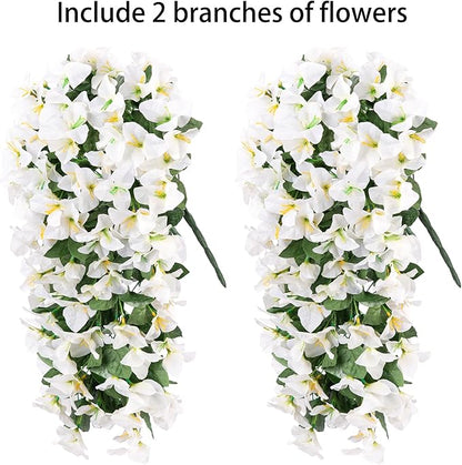 Artificial Faux Bougainvillea Flowers Plants for Outdoor Outside Summer Decoration, 2 PCS Fake Silk UV Resistant Look Real Long Trailing Vines for Front Door Porch Planter Urn Patio Balcony, White