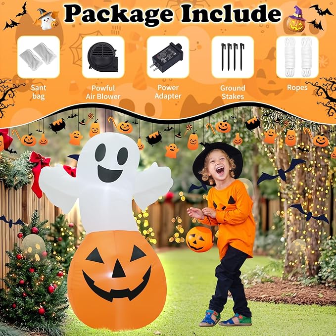 TRMESIA 4FT Halloween Inflatable Decor White Ghost Pumpkin with LED Lights Indoor Outdoor Blow Up Decoration Halloween Party Holiday Decoration