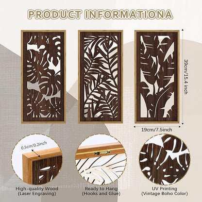 HPNIUB 3PCS Tropical Wall Decor, Rustic Palm Leaf Wooden Sign for Bathroom, Vintage Leaf Plant Hanging Wood Plaque Wall Art Nature Picture for Home Office Living Room Decoration(8x16Inch)