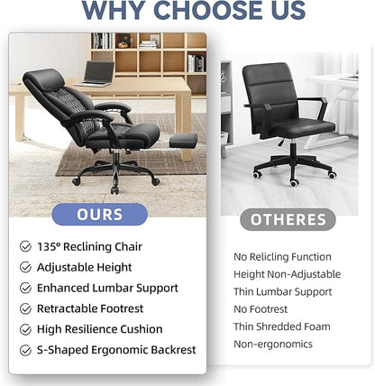 Big and Tall Executive Leather Reclining Office Chair with Footrest and Lumbar Support