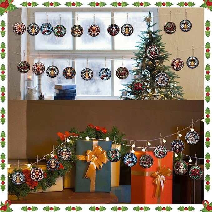 Suzile 36 Pcs Christmas Wooden Ornaments Vintage Christmas Decoration Oil Painting Round Ornaments Retro Santa Claus Gingerbread Man Hanging Decoration for Xmas Farmhouse Home Winter Party
