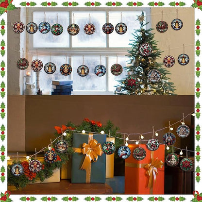 Suzile 36 Pcs Christmas Wooden Ornaments Vintage Christmas Decoration Oil Painting Round Ornaments Retro Santa Claus Gingerbread Man Hanging Decoration for Xmas Farmhouse Home Winter Party