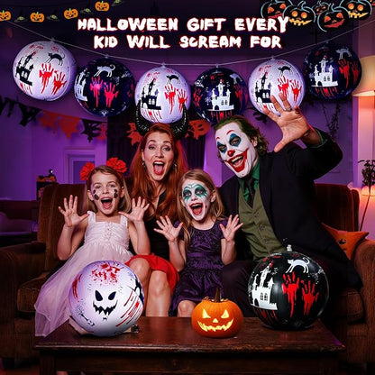 6 PCS 11.8 inch Hanging Halloween Decorations Ball Set, Inflatable Hanging Halloween Ornament Balls with Bloody Handprints, Haunted Castles, Creepy Faces, Black Cats and Pumpkin for Yard,Party Decor