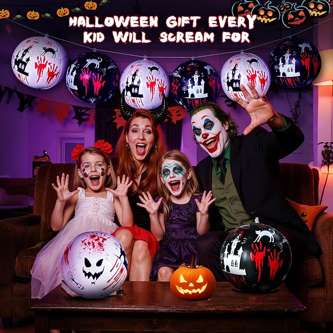 10 PCS 11.8 inch Hanging Halloween Decorations Ball Set, Inflatable Hanging Halloween Ornament Balls with Bloody Handprints, Haunted Castles, Creepy Faces, Black Cats and Pumpkin for Yard,Party Decor