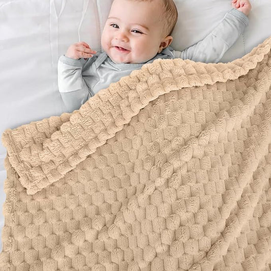 HOMRITAR 4 Pcs Baby Fuzzy Blanket 3D Jacquard Fluffy Blanket for Boy Girls, Soft Warm Cozy Flannel Fleece Warm Blanket Nursery, Stroller Toddler Bedding, 30 x 40 Inch (Blue, Cream, Pink, Khaki)