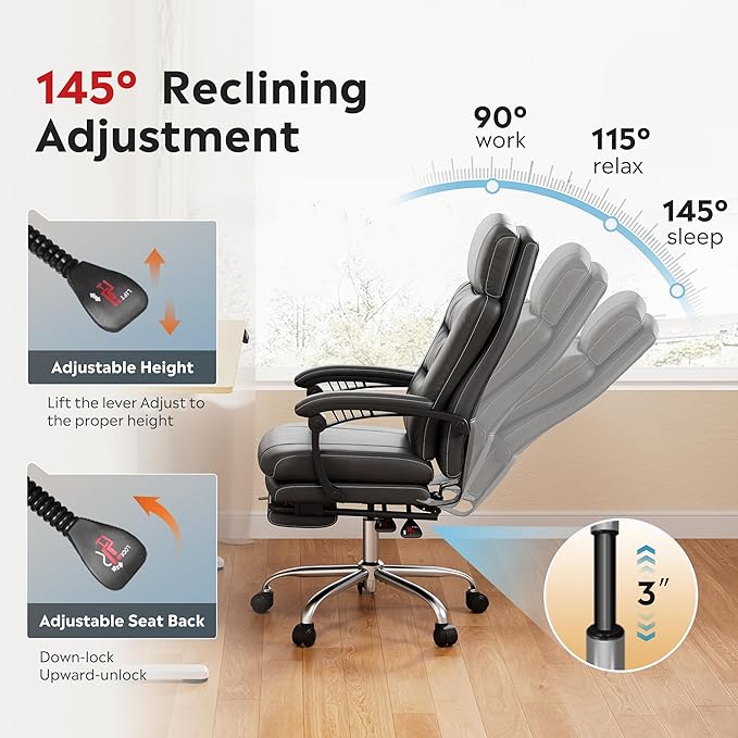 DEVAISE Executive Leather Home Office Chair with Footrest, High Back and Heavy Duty, Comfortable Big and Tall Ergonomic Desk Chair with Lumbar Support, Comfy Reclining, SGS Class 4 Gas Lift, Black