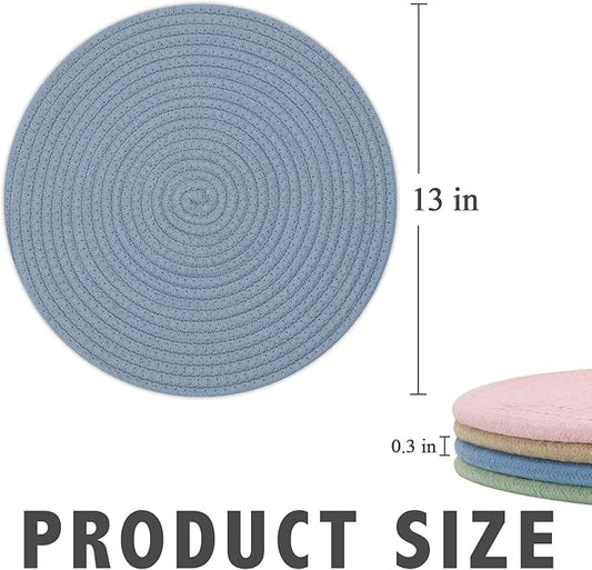 Round Placemats Set of 6, Cotton Rope Woven Table Mats, Hot Pads for Kitchen, Non Slip Heat Resistant Place Mats, 13 Inches Braided Placemat for Farmhouse Decor and Kitchen Table Decor (Blue)