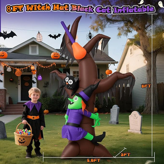 8FT Halloween Inflatables Tree with Witch, Cat & Broomstick, Halloween Blow Up Yard Decorations with 4 Built-in LED Lights, Self-Inflating Halloween Outdoor Decor for Garden, Lawn, Parties