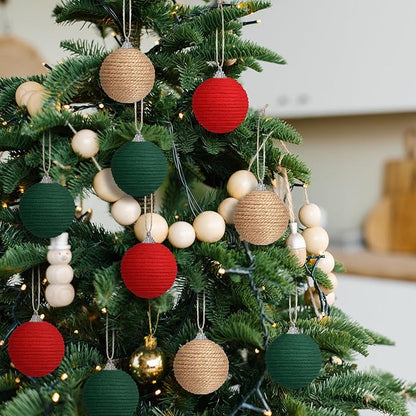 Syhood 9 Pcs 2.36 Inch Christmas Ball Ornaments Boho Farmhouse Jute Rope Hanging Balls Burlap Neutral Rustic Ornaments for Xmas Tree Holiday Wreath Garland Wedding Home(Red, Green, Natural Color)