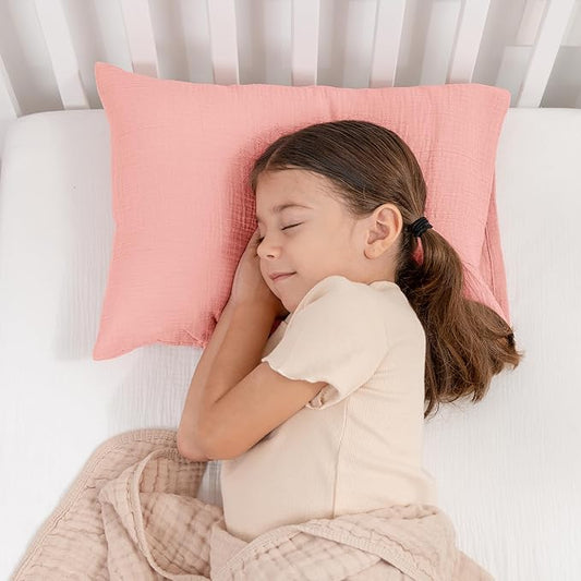 Comfy Cubs Toddler Pillow with Soft Muslin Pillowcase, 13"x18", Blush - Kids Pillow for Sleeping & Travel - Adorable & Comfortable Small Pillow - Kids Travel Pillow with Breathable Microfiber Fill