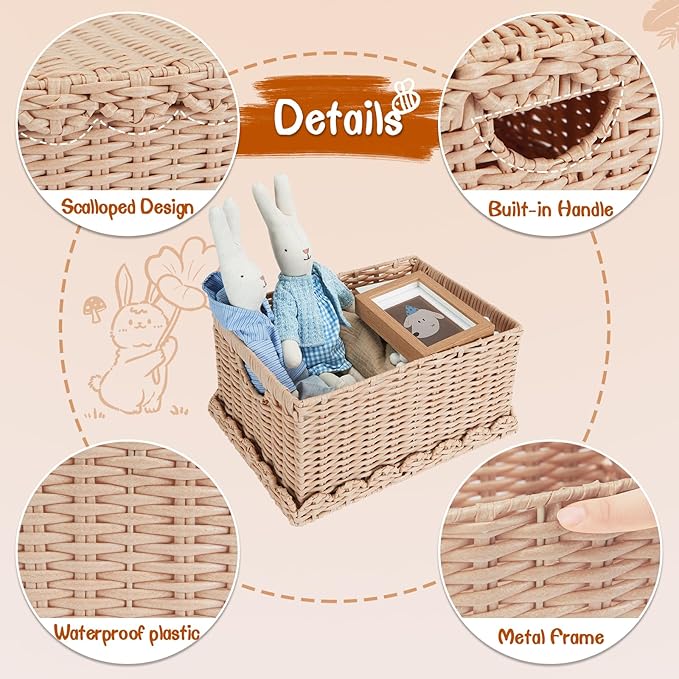 FairyHaus Scalloped Wicker Basket with Lid, Waterproof Wicker Storage Basket with Removable Tray Lid Cream, Handwoven Plactic Wicker Bakests for Nursery 2Pack, 15 x 11.22 x 7& 13 x 9.45 x 5.9