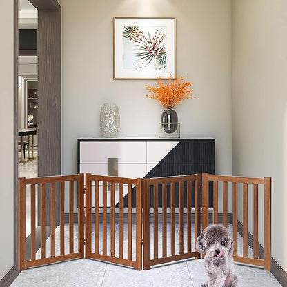 LZRS 4-Panel Wooden Free Standing Foldable Dog Gate – 24" High, Extra Wide Step-Over Safety Pet Gate for Doorways, Stairs, Hallways, Large Spaces & Playpen for Puppies Indoor Use, Oak