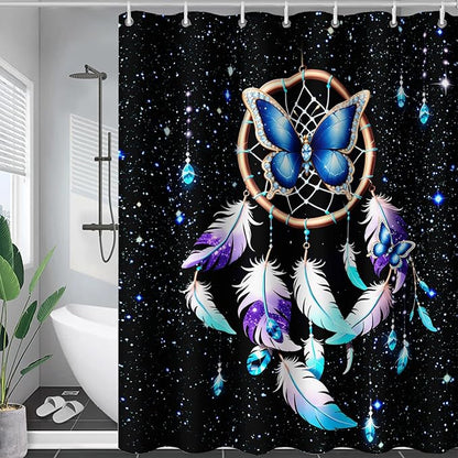 AILONEN Butterfly Dreamcatcher Shower Curtain, Blue Starry Galaxy Butterfly Bath Curtain,Dream Catcher Feather Print Waterproof Bathroom Curtain with 12 Plastic Hooks for Girls Women 72" W*72" H