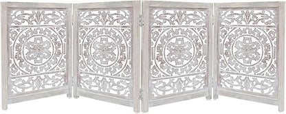 Wooden Foldable Pet Dog Safety Gate - 4 Panel 20" W x 24" H - Hand Carved Suzani Free Standing Portable Indoor Puppy Gate - Doorway Hall Stairs Dog Fence - Assembled - White Wash - IRONGATE