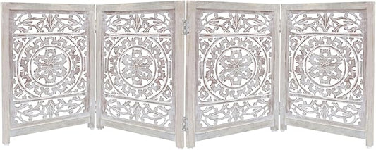 Wooden Foldable Pet Dog Safety Gate - 4 Panel 20" W x 24" H - Hand Carved Suzani Free Standing Portable Indoor Puppy Gate - Doorway Hall Stairs Dog Fence - Assembled - White Wash - IRONGATE