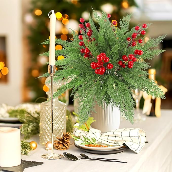 HOHOTIME 6 Pcs Christmas Decoration, 17.7 inch Artificial Picks Pine Stems with Berry for Vase, Faux Norfolk Pine Cypress Leaves Branches Fake Foliage Cedar for DIY Craft Xmas Indoor Home Decor