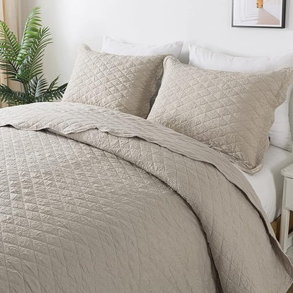 HoneiLife Queen Quilt Bedding Set - 3 Piece Washed Microfiber Quilt Sets Lightweight Bedspreads Ultra Soft Coverlets Retro Bed Cover Crinkled Bedding Set All Season Quilts-Sandy