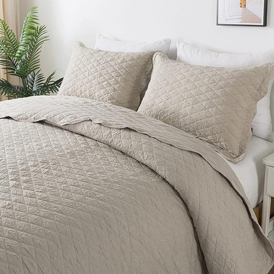 HoneiLife Queen Quilt Bedding Set - 3 Piece Washed Microfiber Quilt Sets Lightweight Bedspreads Ultra Soft Coverlets Retro Bed Cover Crinkled Bedding Set All Season Quilts-Sandy