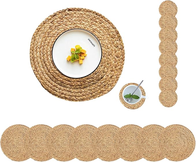 Round Placemats Set of 8 with 8 Coasters Natural Water Hyacinth Woven Placemats Farmhouse Braided Place Mats Boho Straw Placemat Wipeable Wicker Outdoor Place Mats for Patio Table 13.4''