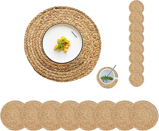 Round Placemats Set of 8 with 8 Coasters Natural Water Hyacinth Woven Placemats Farmhouse Braided Place Mats Boho Straw Placemat Wipeable Wicker Outdoor Place Mats for Patio Table 13.4''