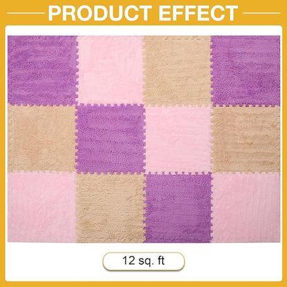 12 Pcs Plush Interlocking Carpet Tiles，Non-Toxic Foam Carpet Tiles for Toddler Baby，Machine-Washable，Anti-Slip，EVA Foam Interlocking Tiles for Floor, Nursery, Playroom，Purple,Light Brown,Pink