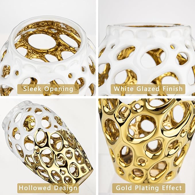 White and Gold Vases for Centerpieces, Openwork Ceramic Flower Vase 8.7" Hollowed Decorative Pampas Grass Vase Gold Table Decor for Home Living Room Dinner Room Bedroom Office Wedding