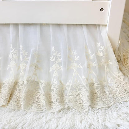 Brandream Lace Bed Skirt Boho Bohemian Girl Baby Nursery Crib Bed Skirt Dust Ruffle - Solid Color Romantic Cream Off White Farmhouse Chic 100% Cotton Ruffle Excellent Quality