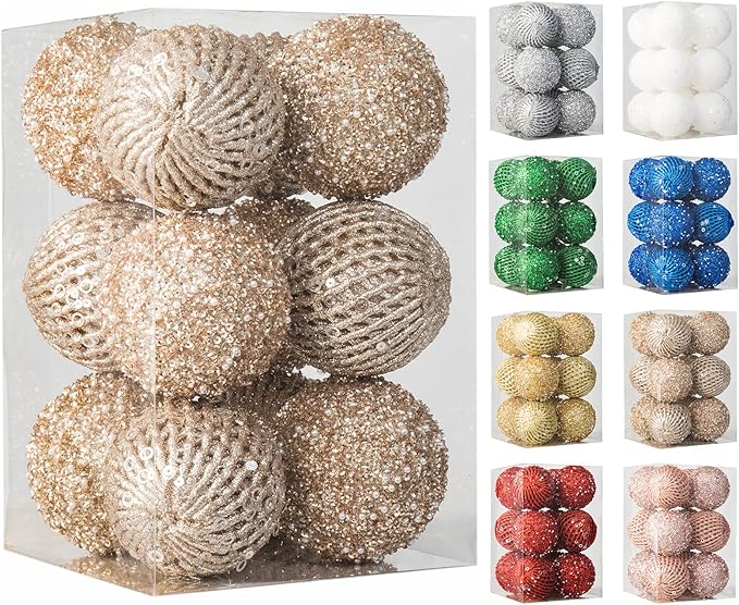 3.15" Christmas Ball Ornaments Glitter Shatterproof Christmas Tree Ornaments Sequin Xmas Hanging Balls Decorations for Wedding Party Holiday(Champagne Gold, 12pc-8cm)