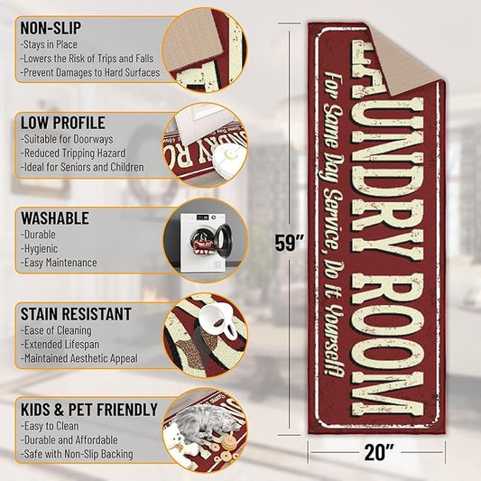 Ottomanson Laundry Collection Non-Slip Rubberback Laundry Text Design 2x5 Laundry Room Runner Rug, 20" x 59", Red