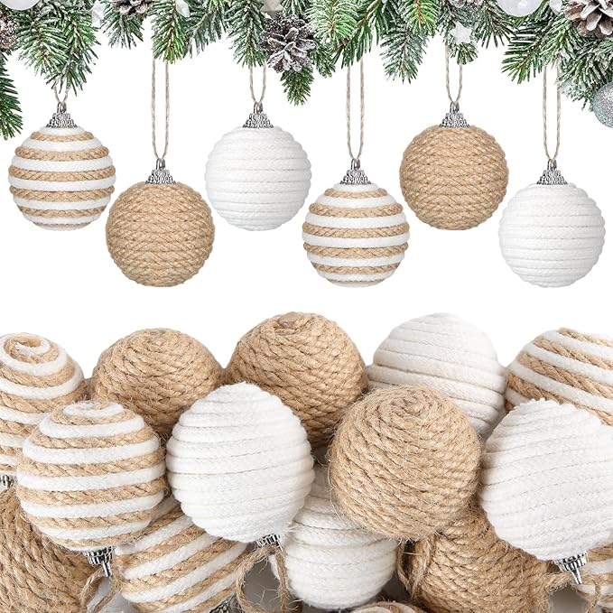 Syhood 18 Pcs 1.57 Inch Christmas Ball Ornaments Boho Farmhouse Jute Rope Hanging Balls Burlap Neutral Rustic Ornaments for Xmas Tree Holiday Wreath Garland Wedding Home