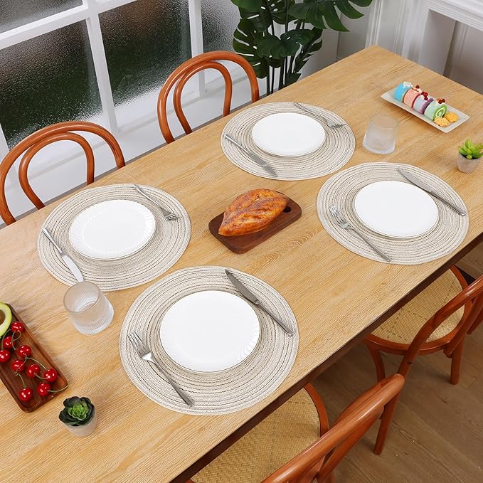SHACOS Round Placemats Set of 6 Braided Circle Place Mat Washable 15 inch Table Mats for Kitchen Dining Table Mixed Color (Ivory, 6)
