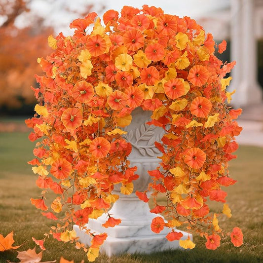 Fall Flowers for Outdoors, Fake Mums, 2 Bundles Hanging Morning Glory UV Resistant Artificial Bouquets for Autumn Porch, Realistic Faux Floral Fall Decor (Orange Yellow)