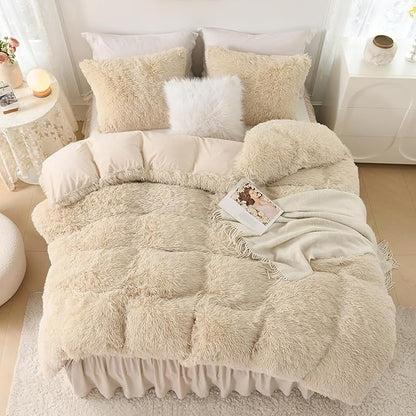 Litanika Beige Plush Comforter King Size, Luxury Fluffy Fuzzy Bedding Set for King Bed, Ultra Soft Velvet Shaggy Comforter 3 Pieces(1 Faux Fur Comforter 104×90 Inch, 2 Pillowcases)