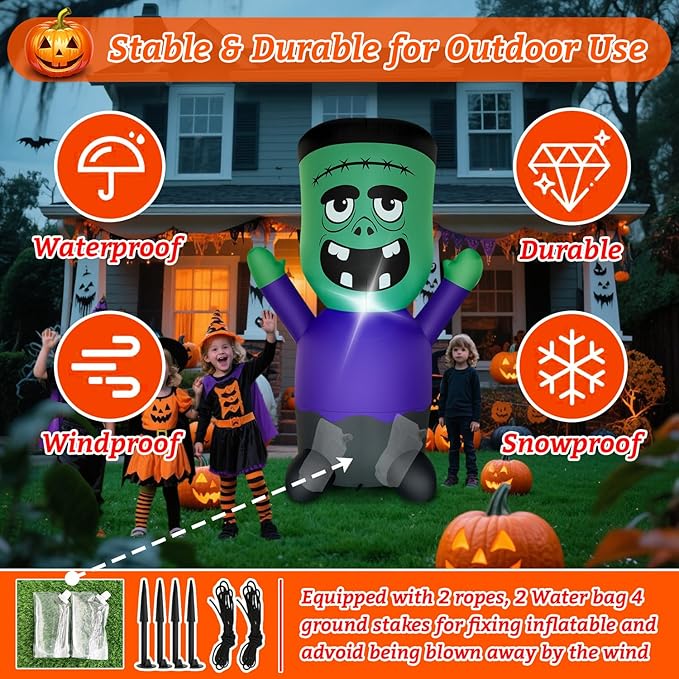 Halloween Inflatables Blow-Up Decorations Outdoor - 4 FT Green Monster Halloween Blow up Yard Decorations Cute Ghost with LED Build-in for Garden Lawn Indoor Party Decor