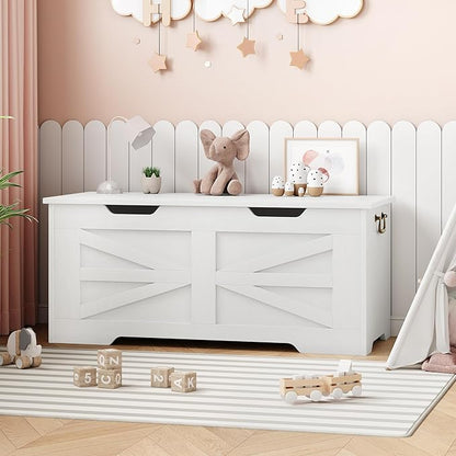 IDEALHOUSE 39.4" Toy Chest, Large Storage Chest with Safety Hinge, Kids Wooden Toy Box with Lid, Supports 350 lbs, Storage Bench Trunk for Entryway, Living Room, Bedroom, White