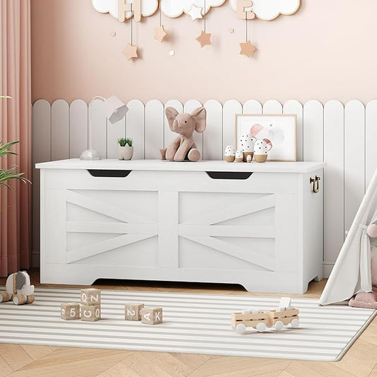IDEALHOUSE 39.4" Toy Chest, Large Storage Chest with Safety Hinge, Kids Wooden Toy Box with Lid, Supports 350 lbs, Storage Bench Trunk for Entryway, Living Room, Bedroom, White
