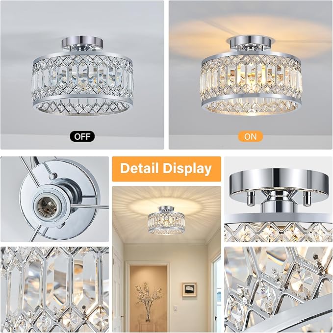 Crystal Ceiling Light Fixture, Modern Semi Flush Mount Ceiling Light, Chrome Lighting Fixtures Ceiling Lamp for Hallway, Kitchen, Entryway, Bedroom, Laundry Room, 1-Light, 11.4 Inch