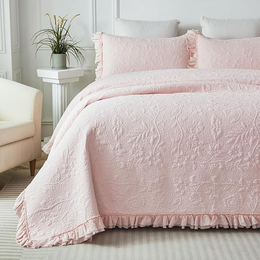 Brandream Queen Size Quilt Set Cotton Light Pink Quilts Shabby Chic Bedding Romantic Ruffle Bedspread Matelasse Coverlet Set 3-Piece