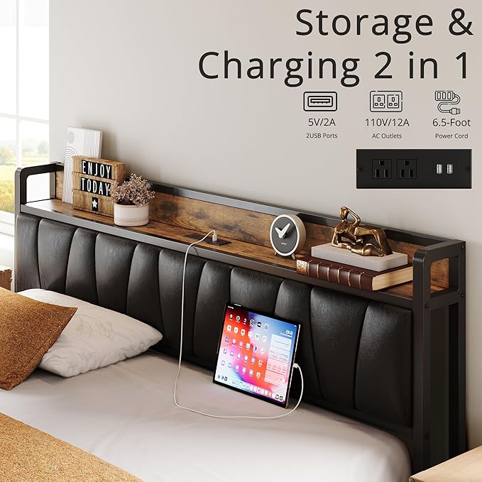LIKIMIO Full Size Bed Frame, Storage Headboard with Charging Station, Solid and Stable, Noise Free, No Box Spring Needed, Easy Assembly (Vintage and Black)